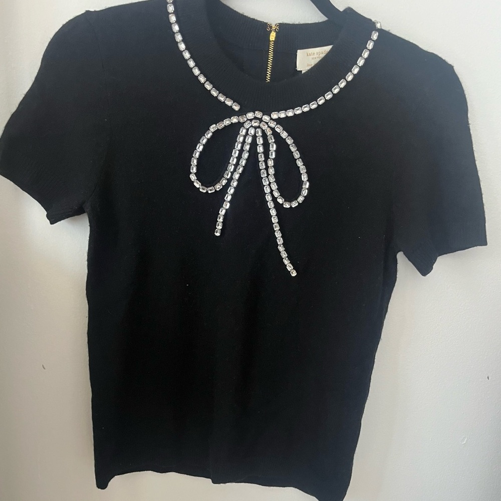Kate Spade Black Wool Top with Rhinestone Bow Accent